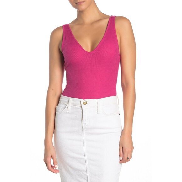 Abound Pink Surprise Ribbed Bodysuit Sleeveless V-Neck Stretch SZ L New - Picture 1 of 3